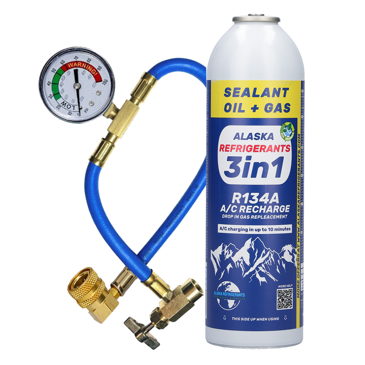 E-shop 3-in-1 Alaska Kältemittel R134a Ersatzkältemittel, PAG 100 Öl, Versiegelungsmittel + Schlauch und Manometer