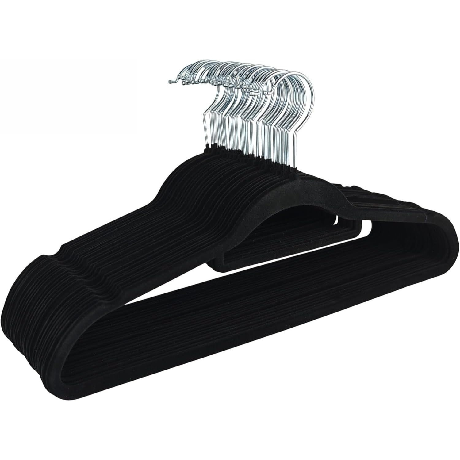 Image of Clothes Hanger Velvet 50s Set - Velvet Hanger Black - Slip-resistant With Plastic Core, Trouser Bar, Notches & 360° Hook For Suits, Shirts & Jackets