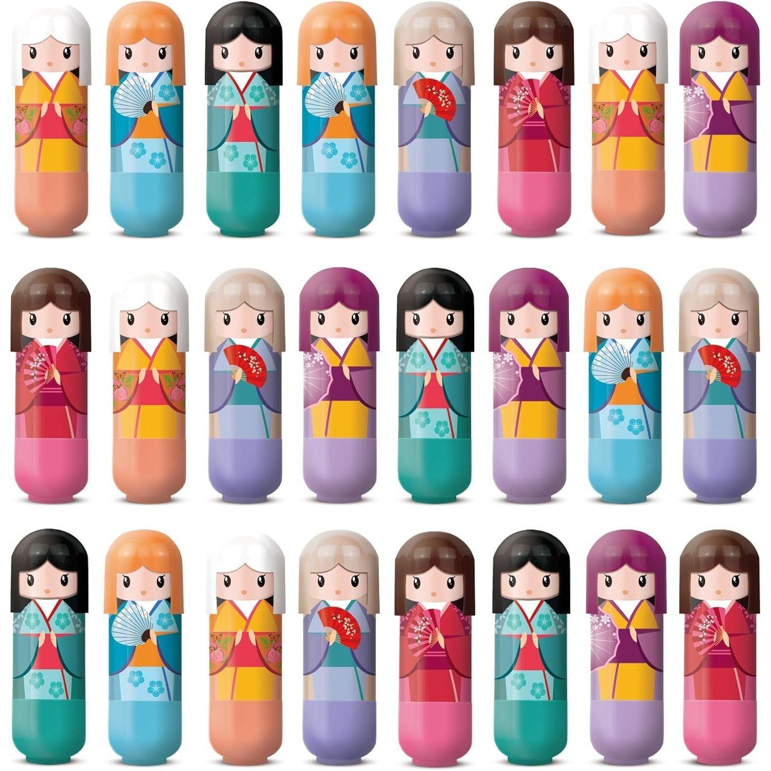 TEMU 24pcs Lip Balm Set In Kimono-inspired Cases – , Banana, Bubble Gum, Orange, Strawberry & Vanilla Flavors, 3.5g Each, Gift Box Included