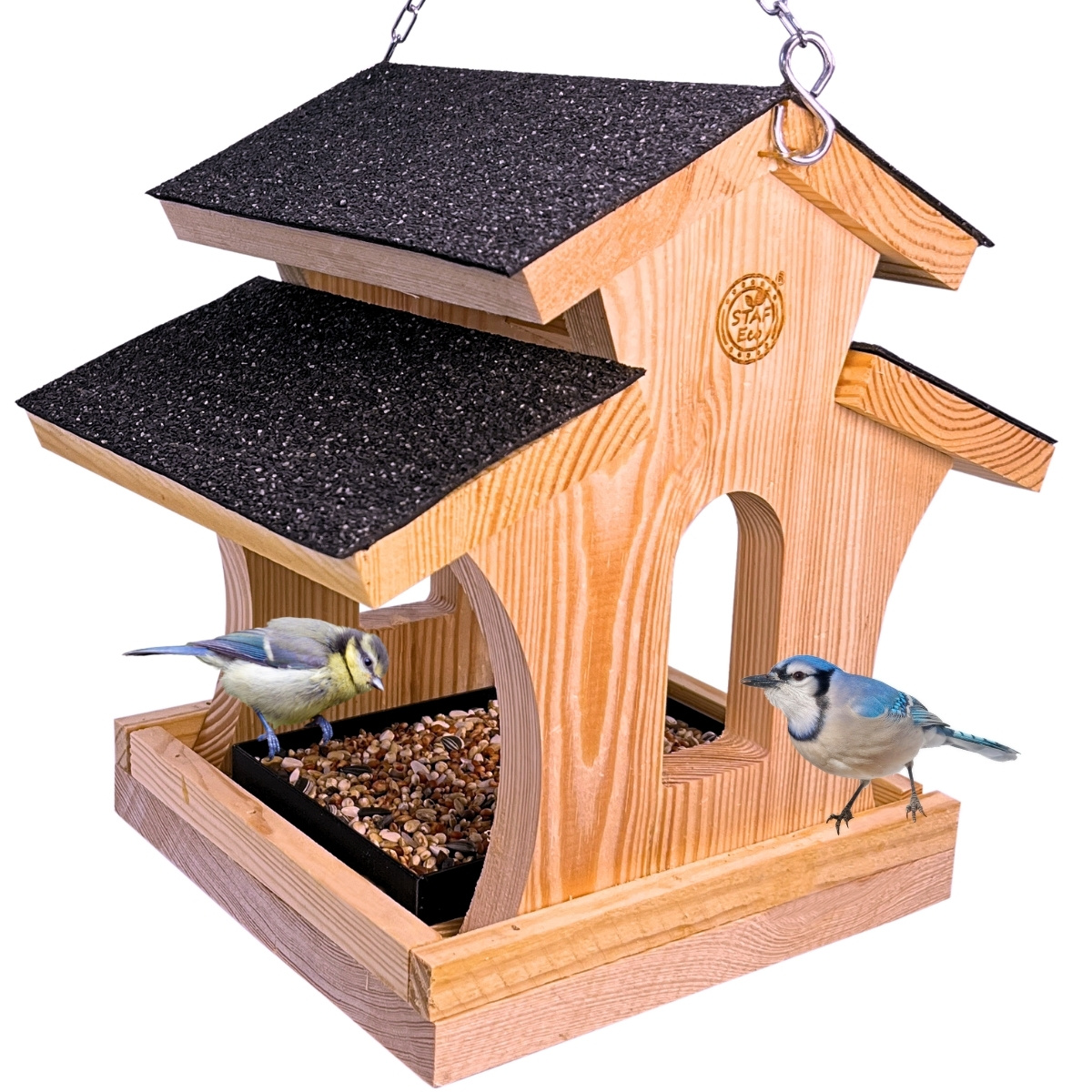 Wooden Impregnated Bird Feeder With Hanging Chain, Garden Decoration