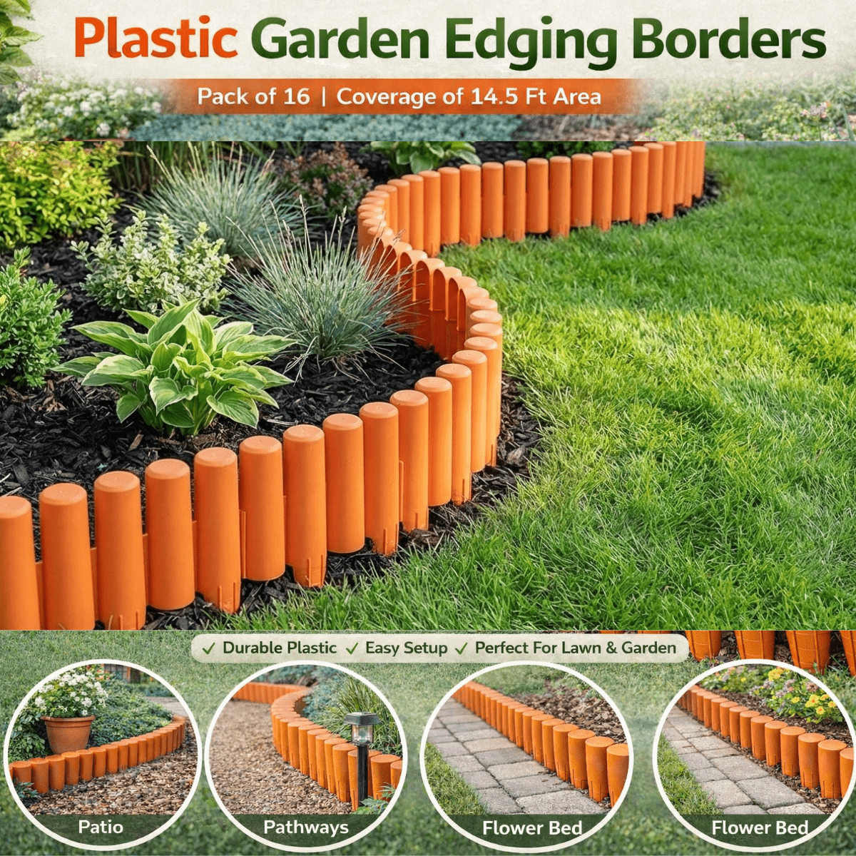 TEMU Garden Edging Border - Pack Of 16 / Coverage Of Ft Area, Plastic Lawn Edging Garden Fencing, Easy Setup Perfect For Patio, Flower Bed, Pavement