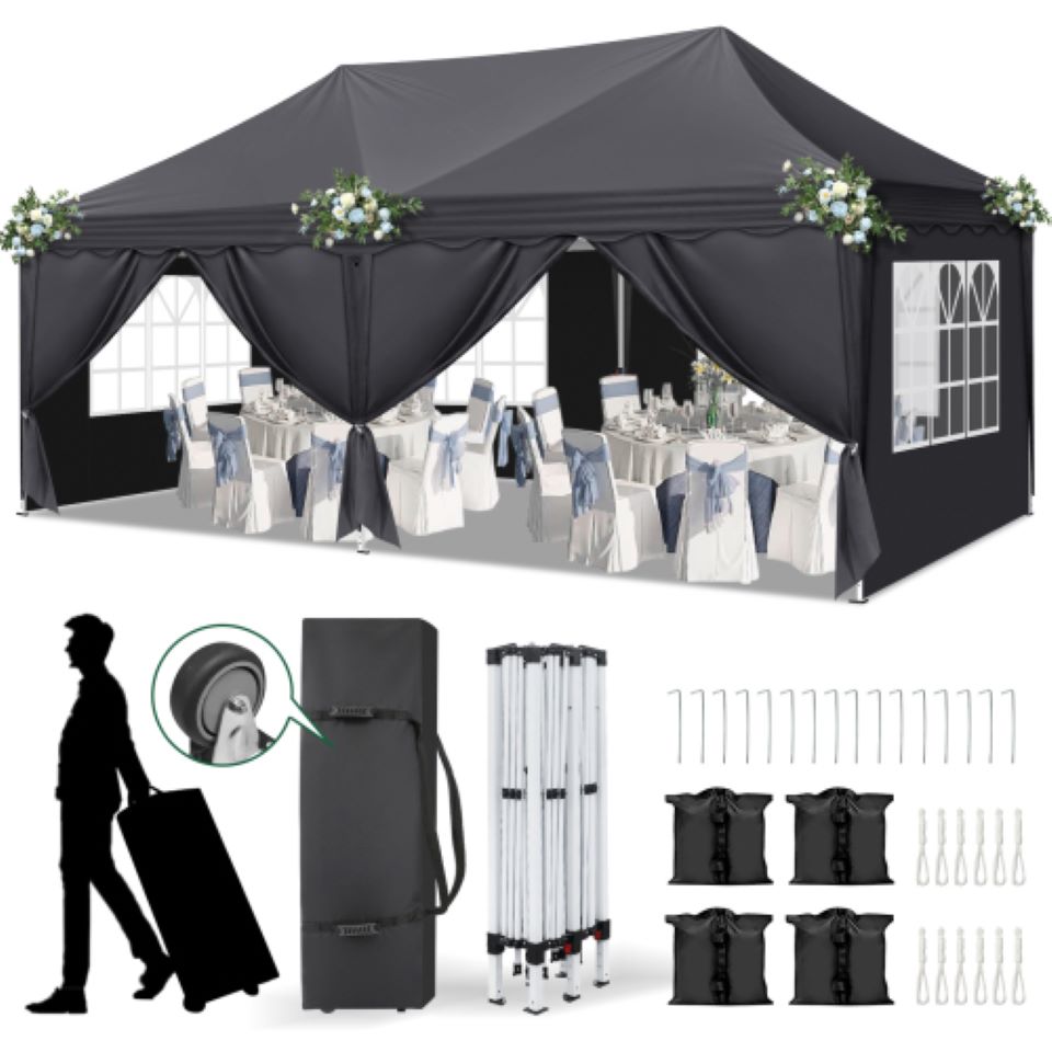 Bonnlo Collapsible 3x6, With Running Bag, Stable, Collapsible With 6 And 1 Roof & 4 Sandbags, For Weddings, Parties, Dark Grey.