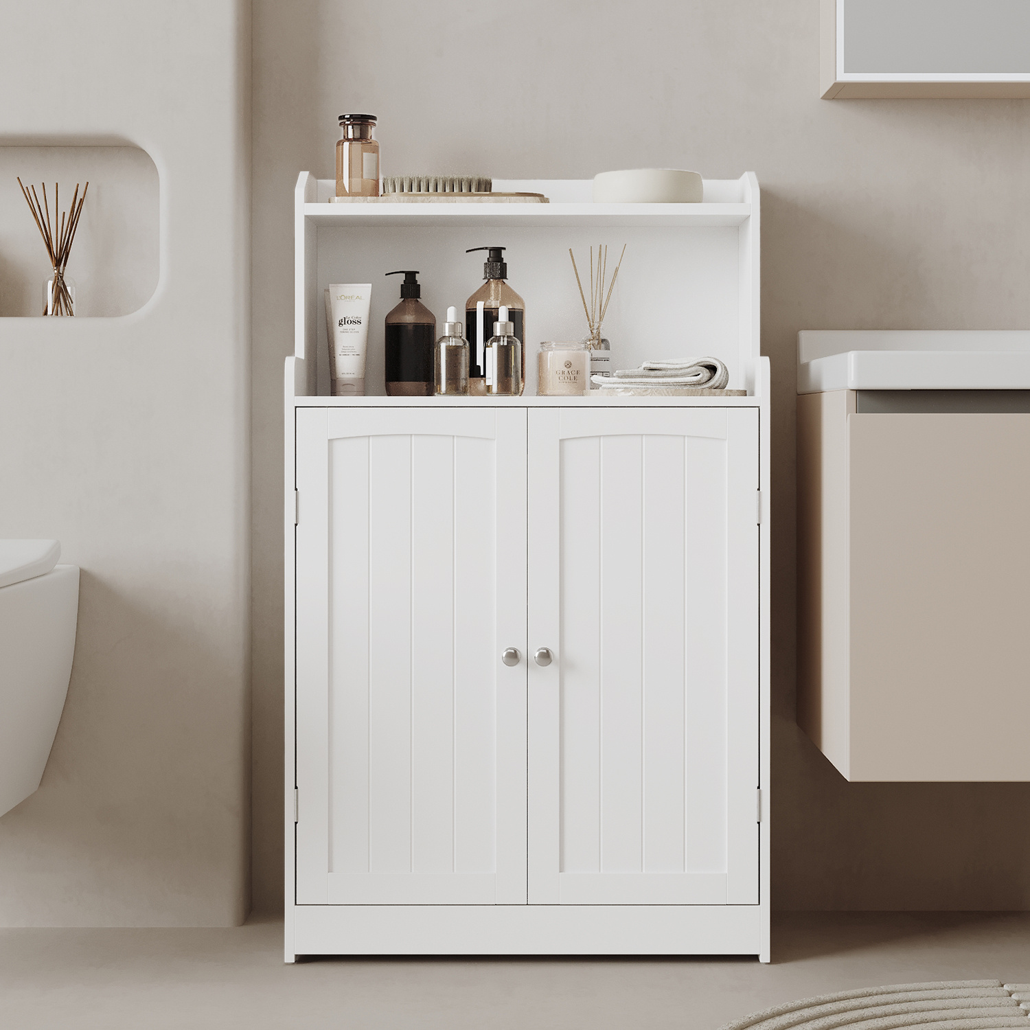 E-shop cm hoher Badezimmerschrank, Badschrank mit 2 Türen, 2 verstellbare Eingeböden, Schrank für Esszimmer, Küche, Wohnzimmer
