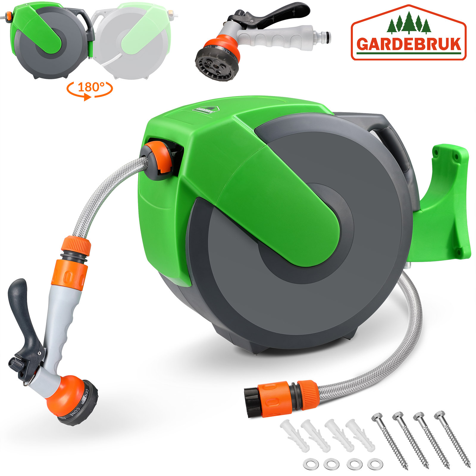 Hose Reel 20m + 2m With Wall Mounting Garden 1/2" Multifunctional Hand Shower Hose Guide Hose Wall Hose Box