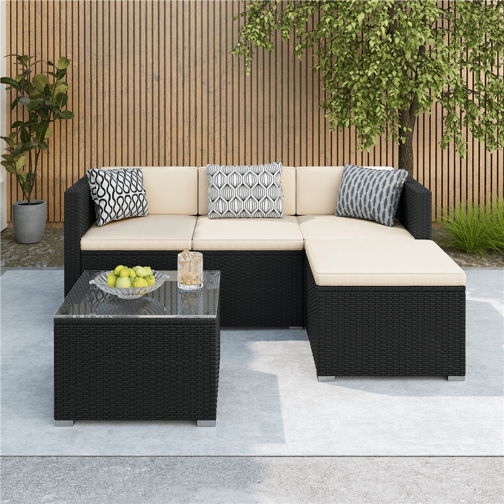 E-shop Costoffs 5er-Sofa-Set Balkonmöbel Set Gartenstücke aus 2 Ecksofa & Sofa & Stuhl & Beistelltisch aus PE-Rattan Patio-Set Loungeset mit Sitzkissen