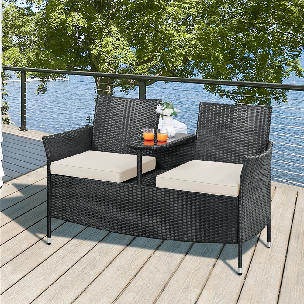 E-shop Costoffs 2-Sitzer mit Mittelablage Gartenstuhl mit Tischfunktion aus PE-Rattangeflecht Bistro-Set Terrassenstuhl