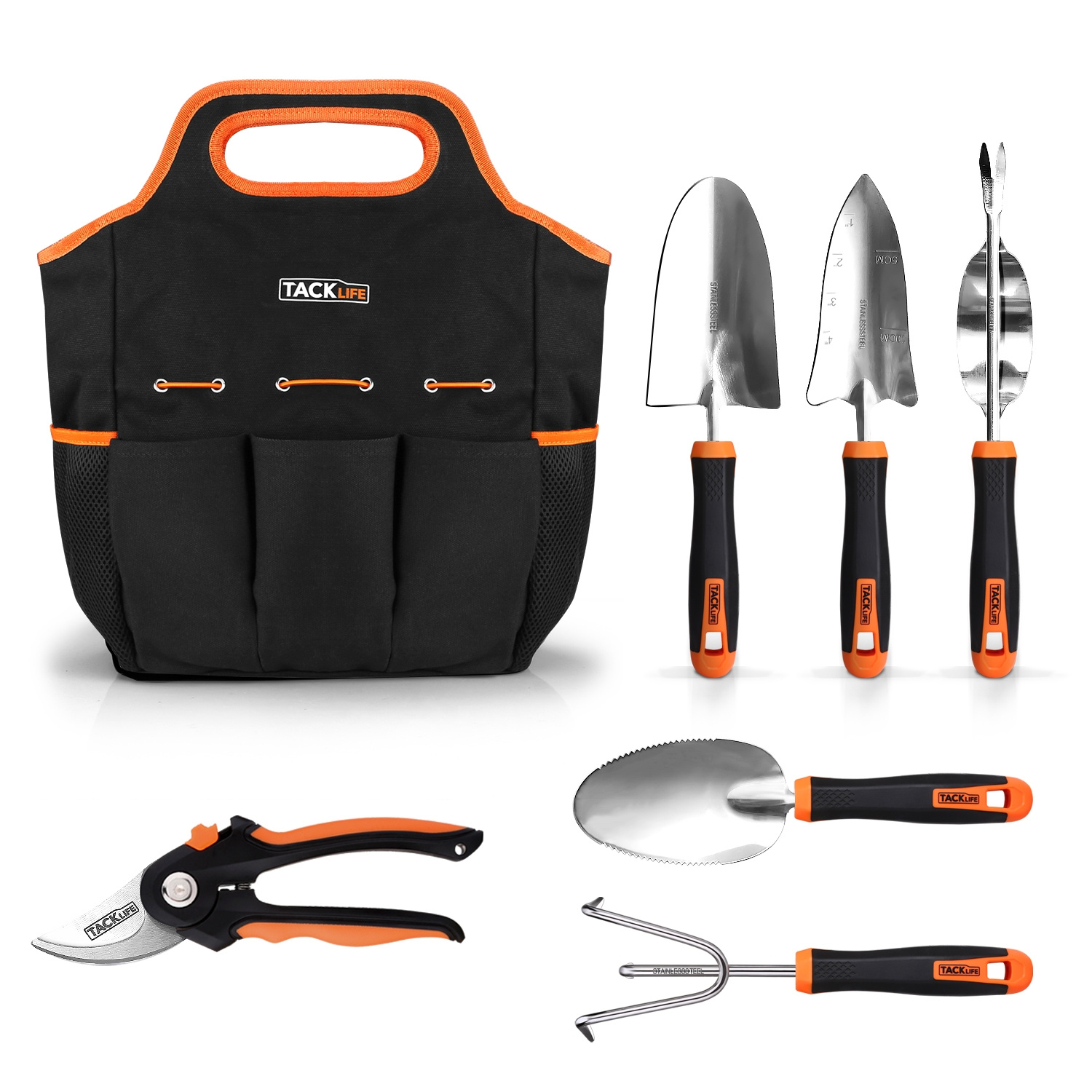 TEMU Tacklife 6pcs Garden Tool Set Made Of Stainless Steel, For Digging, Transplanting, Raking, , With Slip-resistant Rubber Handle, Storage Bag Ggt4a