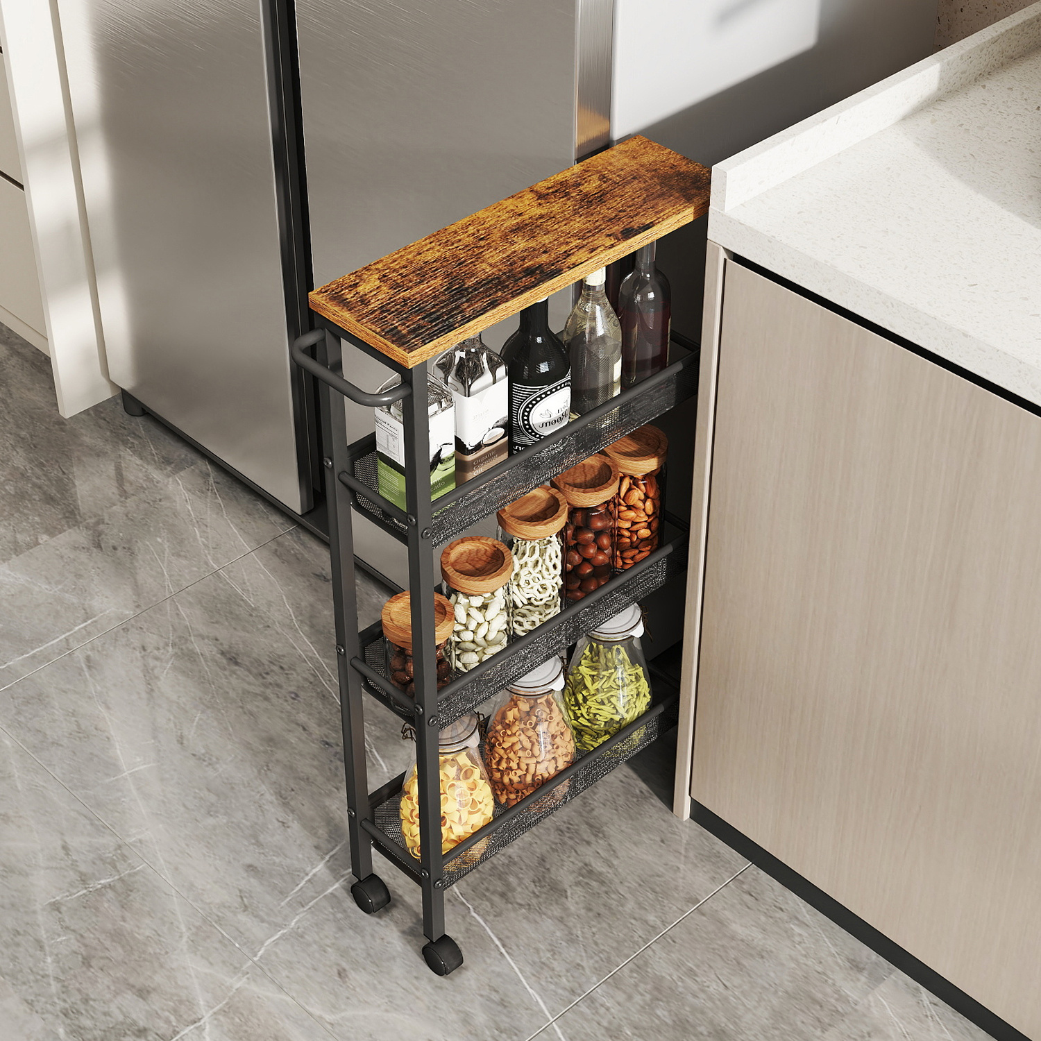 Cart With , Narrow Kitchen Cart, Niche Shelf On Wheels, Steel, Handle, Small Spaces, 13 X 45.4 X 77 Cm