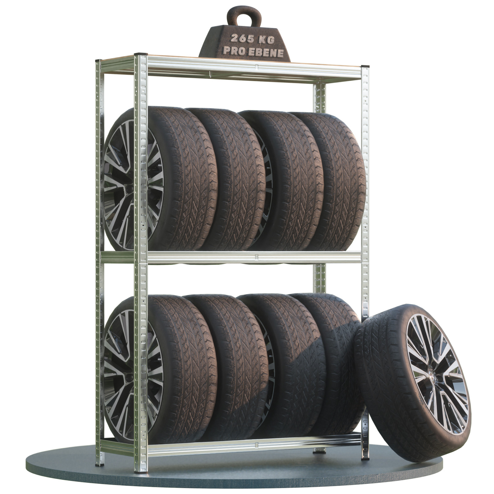 E-shop MONZANA® Reifenregal 8 Reifen 795 kg 180x120x40cm inkl. Gummischutz höhenverstellbare MDF-Ablage Stecksystem Garage Werkstatt Felgenregal