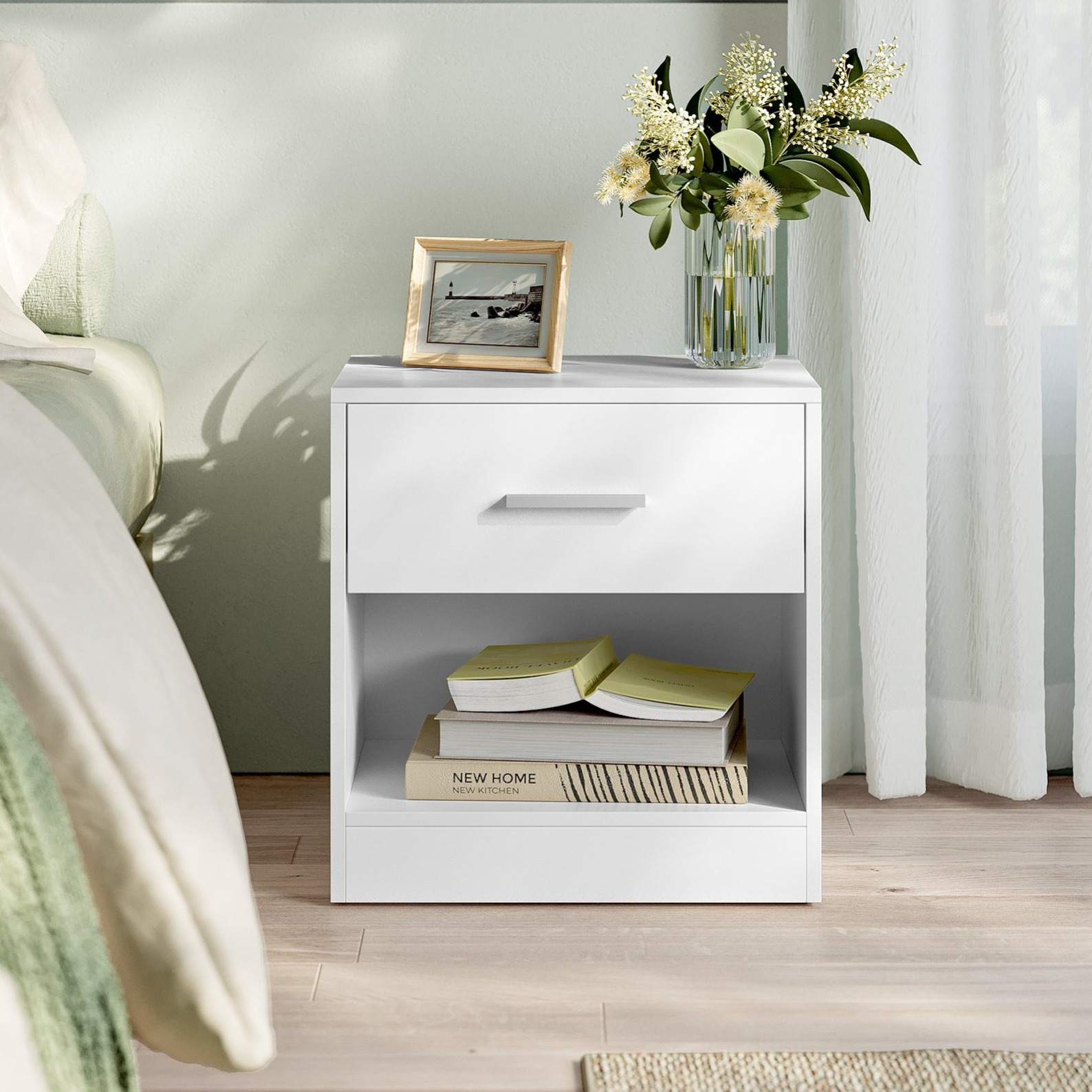 Nightstand, Side Table, 28 X 39 X 41 Cm, With Drawer, Handle, Open Shelf, Coffee Table, For Bedroom, Living Room, /classic White/-classic White