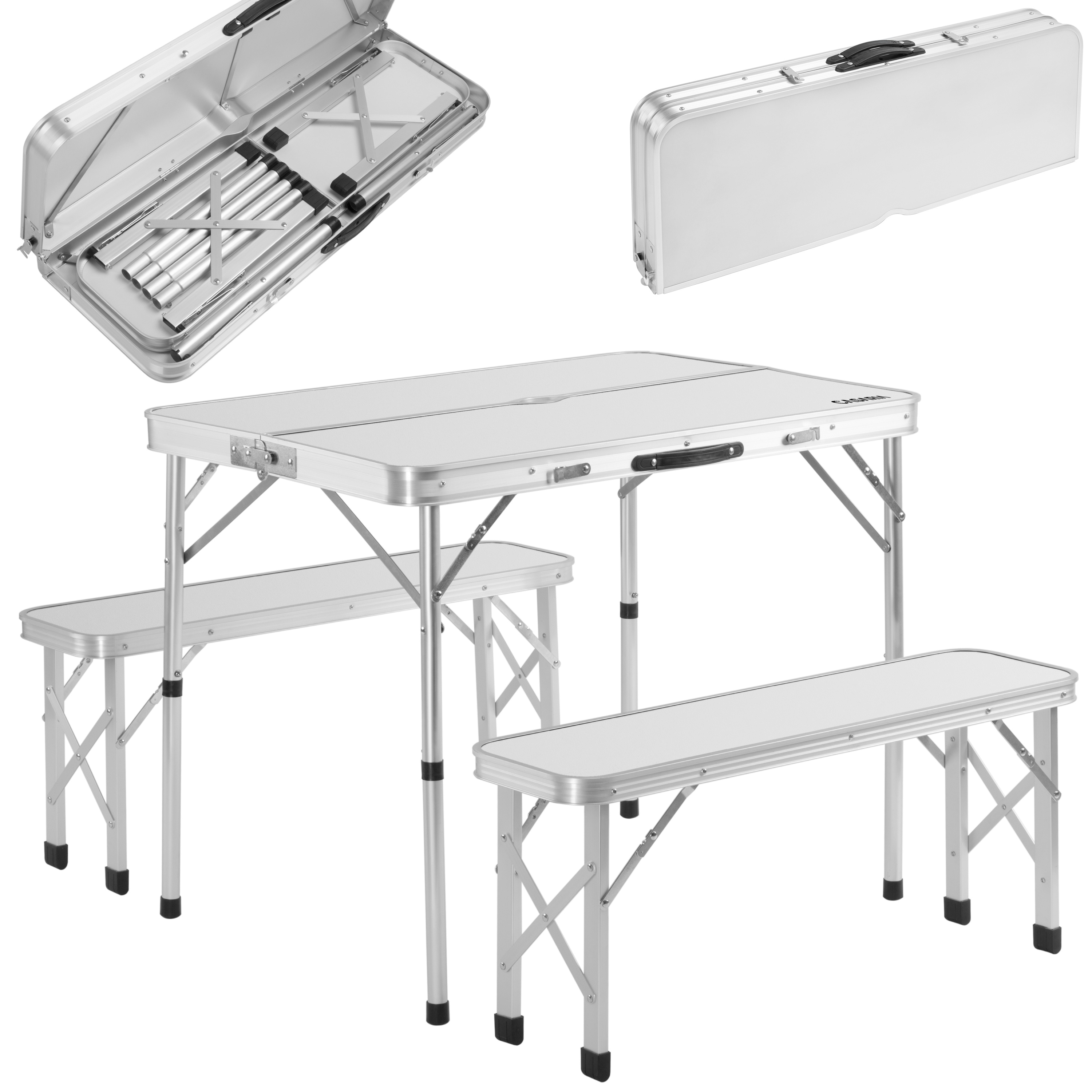 TEMU Casaria® Foldable Camping Table With Benches Set, Height Adjustable, Weatherproof, Ultralight, Compact Garden Folding Table, 90x60cm, For 4