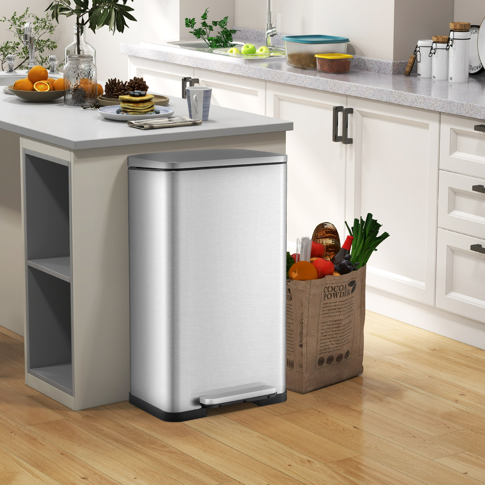 Image of Trash Can Set Of 2, 40l + 6l Stainless Steel Waste Bins, Step Can With Removable Inner Bins & Lid, Kitchen Trash Can For Kitchen, Bathroom, Office, Silver