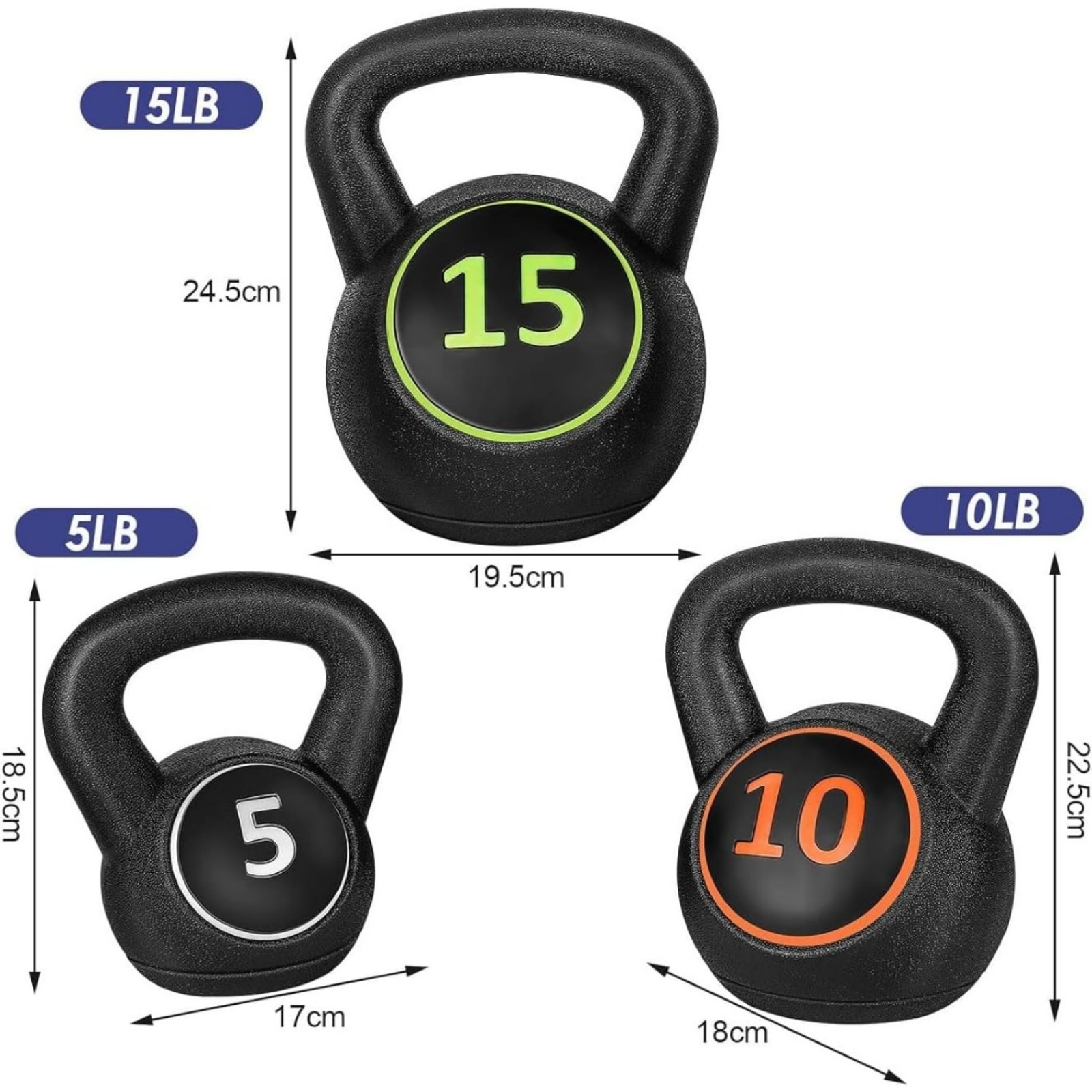 3Pcs Kettlebell Weight Set, 5lb, 10lb, 15lb for Home Gym Strength Training