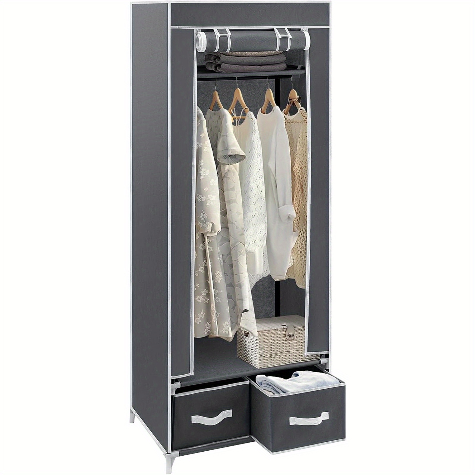 TEMU Portable Wardrobe 160 X 60 X 43cm Single Canvas Wardrobe Clothes Storage Organizer With 2 Drawers And Hanging Rail For Living Room, Bedroom