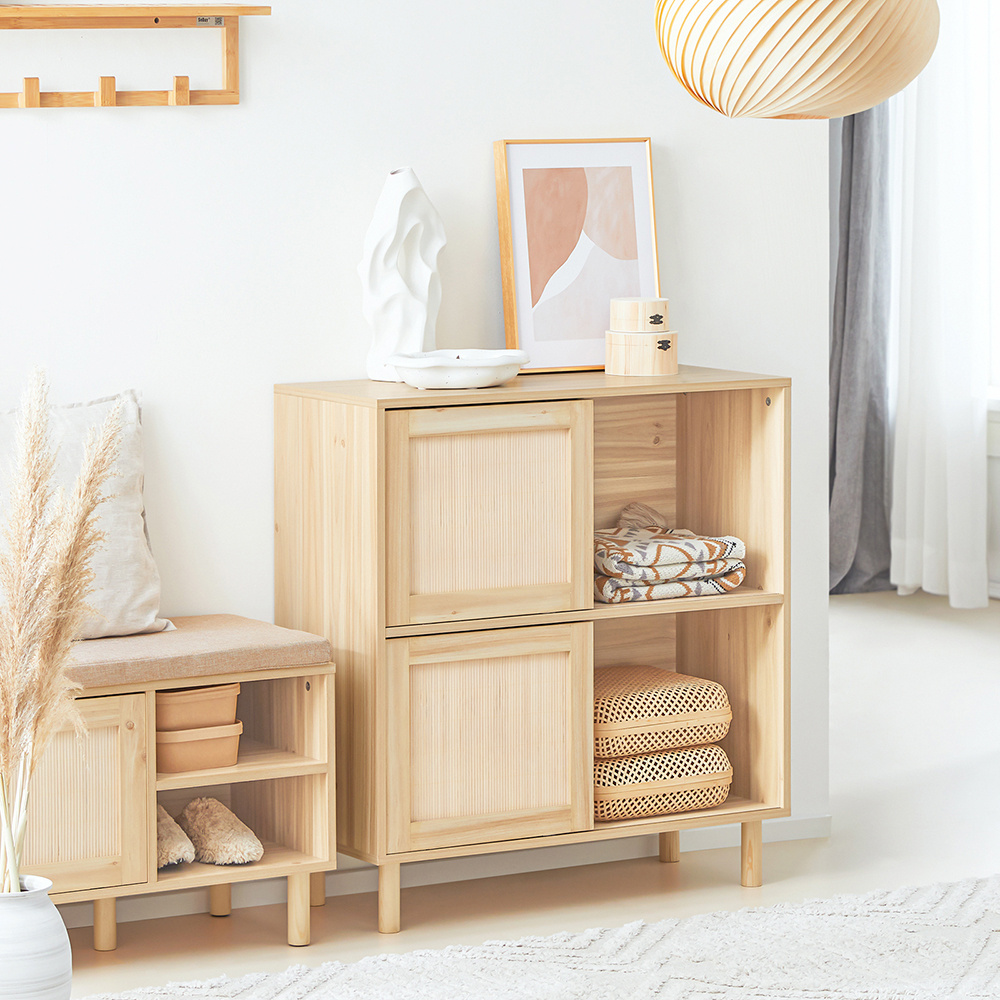 Image of 1-piece Sideboard With Sliding Doors - Kitchen Furniture, Hallway, Built-in Cabinet For Entryway, Living Room - Natural, 80x35x87cm - Sobuy Gtc98-o