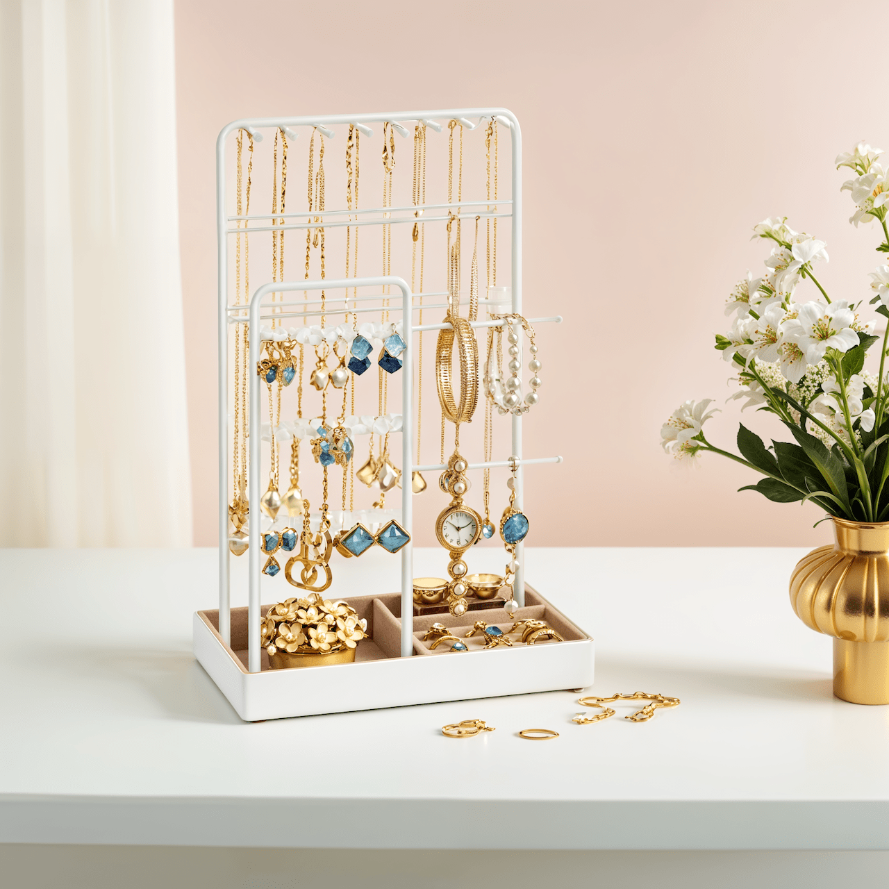 TEMU Jewelry Stand, Jewelry Holder, Velvet Jewelry Tray, Jewelry Storage For Necklaces, Bracelets, Earrings, Studs, Rings, Multipurpose Metal Frame, Velvet-lined Tray, Ideal Gift Idea