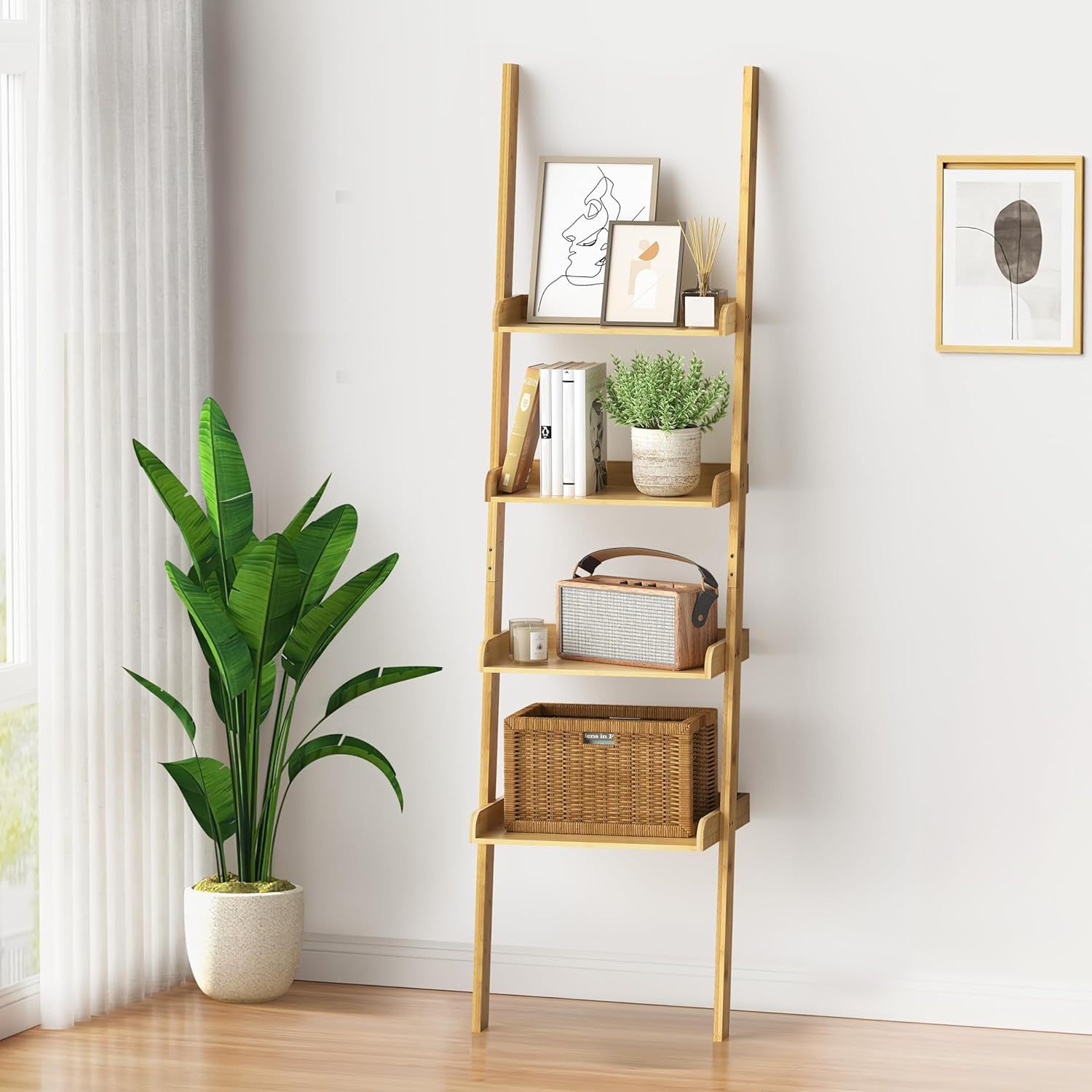 Image of Ribelli Ladder Shelf With 4 Shelves, . 33w .5d X 175h Cm, Wall-mounted Standing Shelf For Study, Living Room, Bathroom, Kitchen