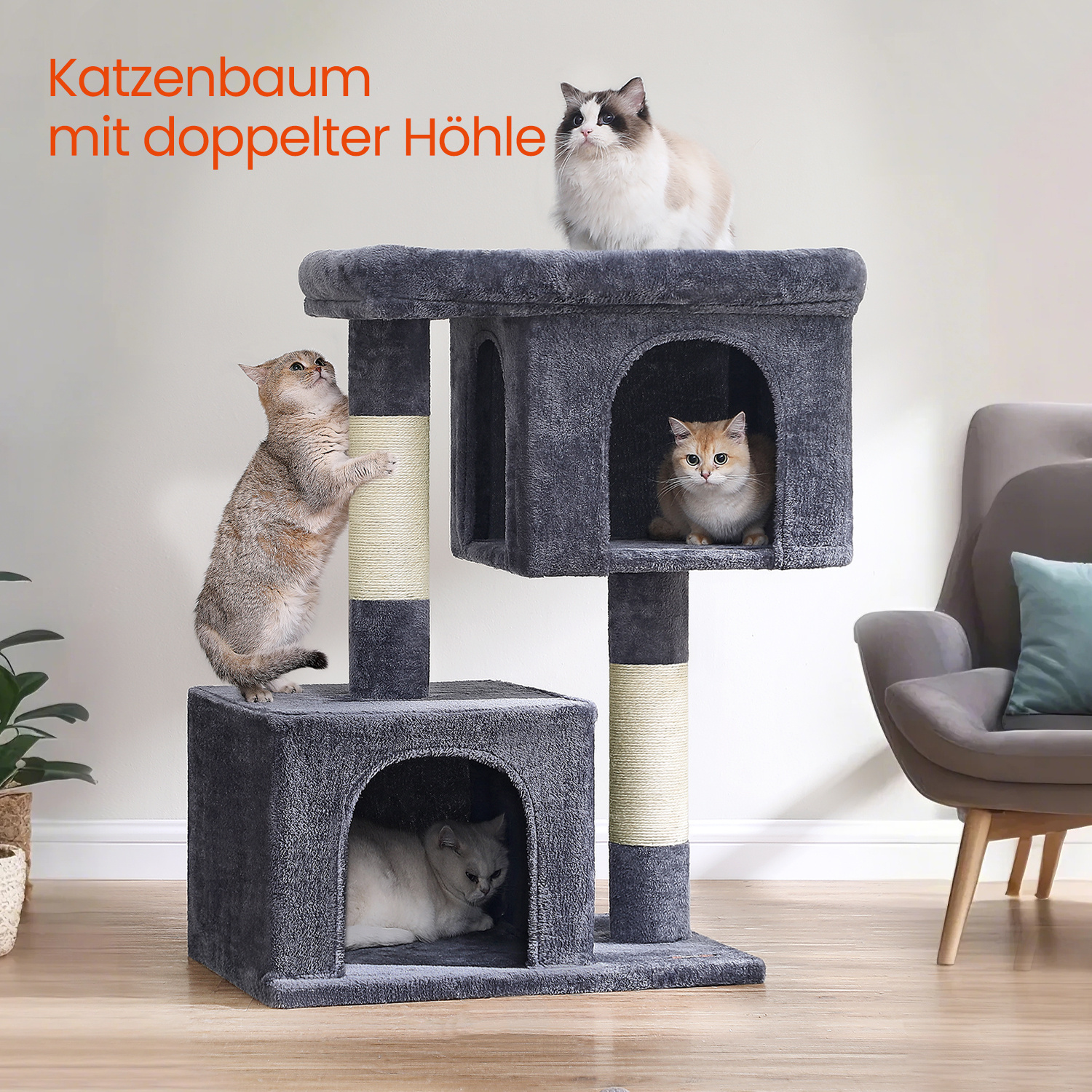 101 Cm High Scratching Tree, Cat Tree, Large Platform, 2 Cat Caves, Sisal Trunks, Cat House