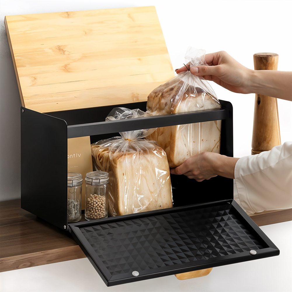 TEMU Large-capacity Square Bamboo Lid Iron Bread Storage Box Breakfast Box- Kitchen Baking Organizer Container With Lid, White/ Black, 35.5x21.5x21cm