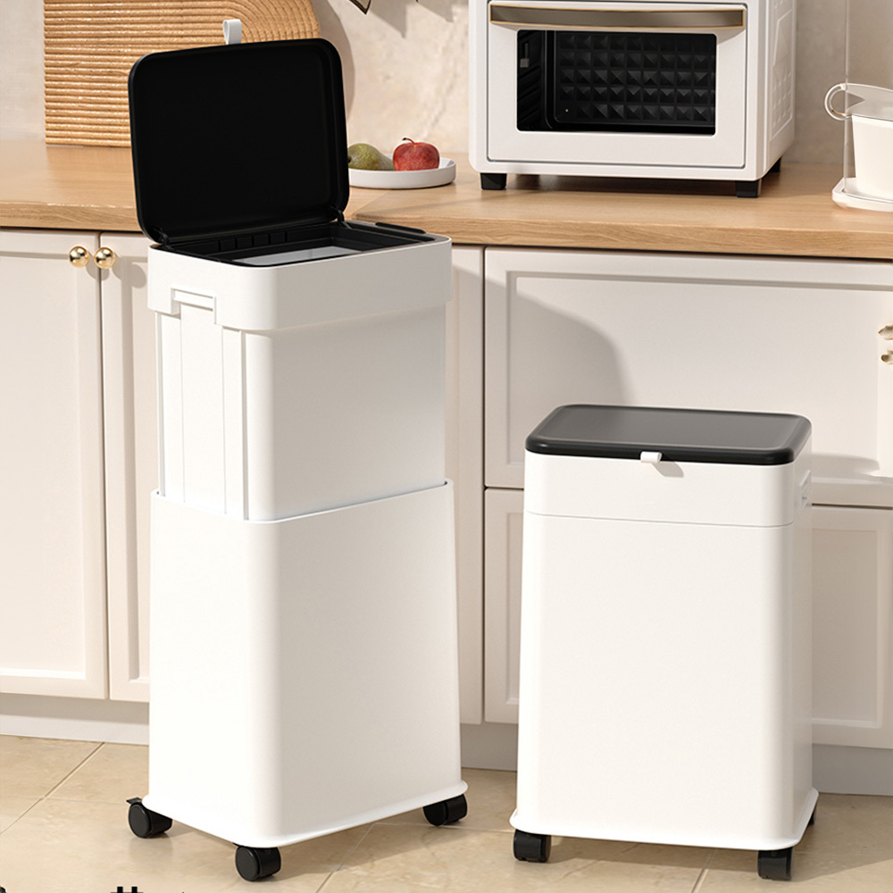 TEMU 20l Large Capacity Adjustable Height Trash Can - Kitchen & Living Room Recycling Bin With Smooth - Rolling Wheels & Odor - Control Lid, White