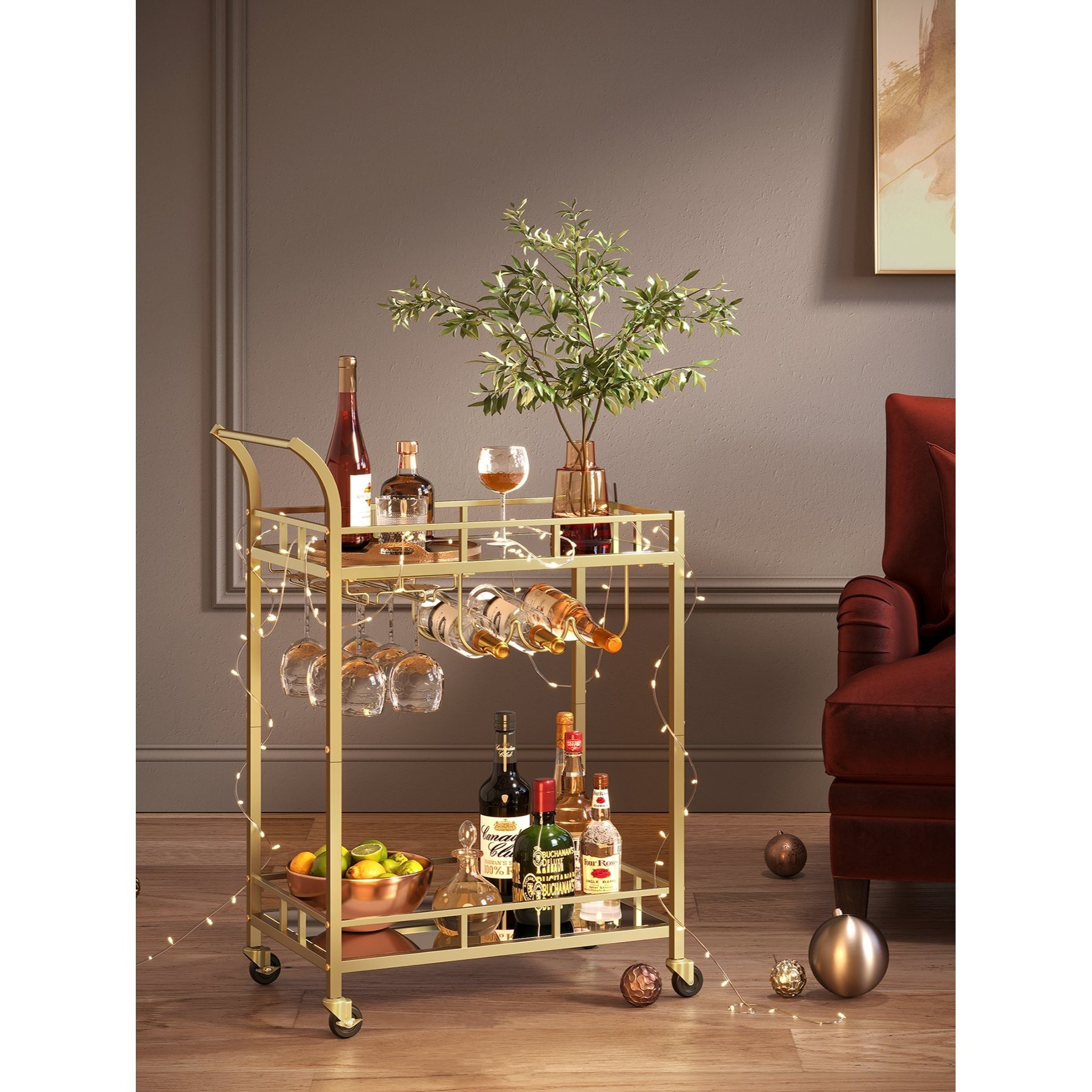 TEMU Service Cart With Wheels And 2 Mirror Glass Shelves For Kitchen, Dining Room