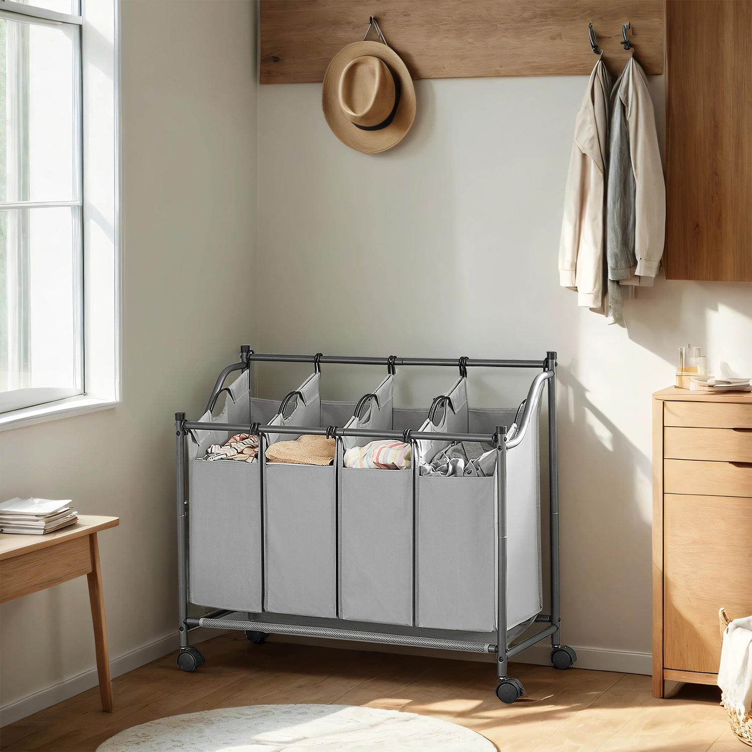 Image of Laundry Basket With Wheels, Laundry Collector With 4 Removable Laundry Bags, Laundry Cart, For Laundry Room Bedroom Bathroom, 4 X 35 L