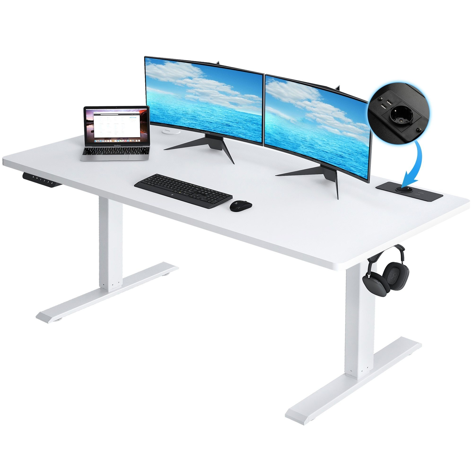 Height-adjustable Desk With Usb Socket And Hooks, Electrically Adjustable Computer Table, Standing-sitting Desk, Standing Desk