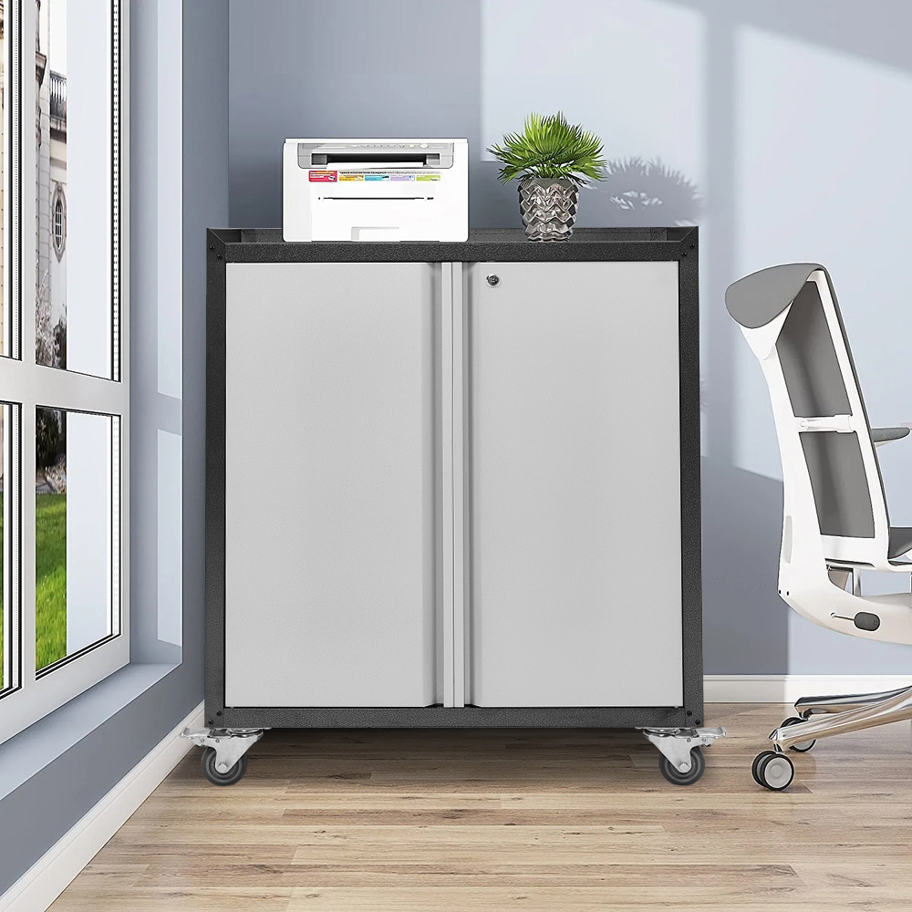 lockable steel mobile   storage cupboard 2 doors bookcase 2 shelves heavy duty filing cabinet office home with wheels