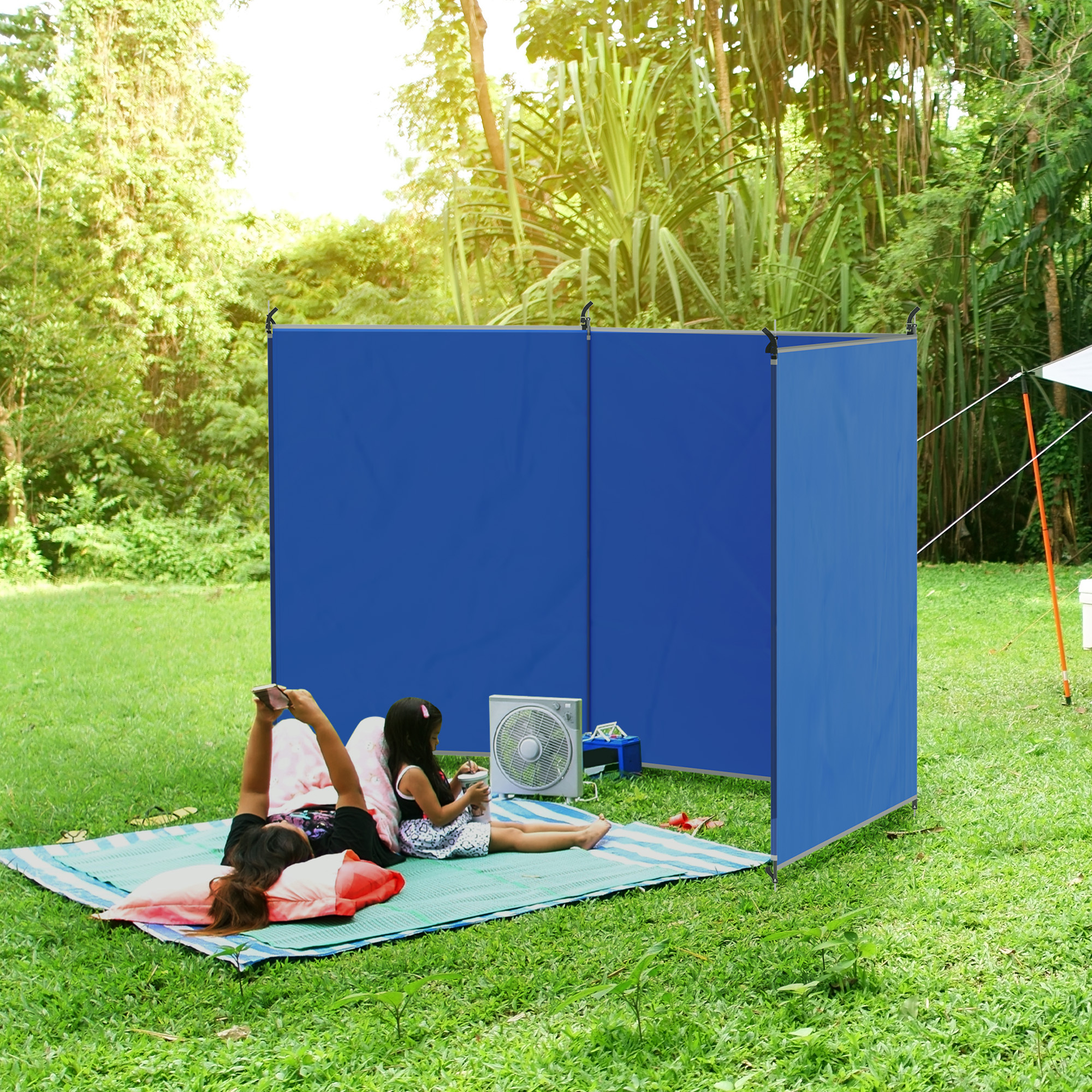 Outsunny Camping Windbreak, Portable Foldable Beach Windscreen With Carry Bag, Camping Windbreak With Straps And Steel Poles, 450 X 150 Cm, Blue