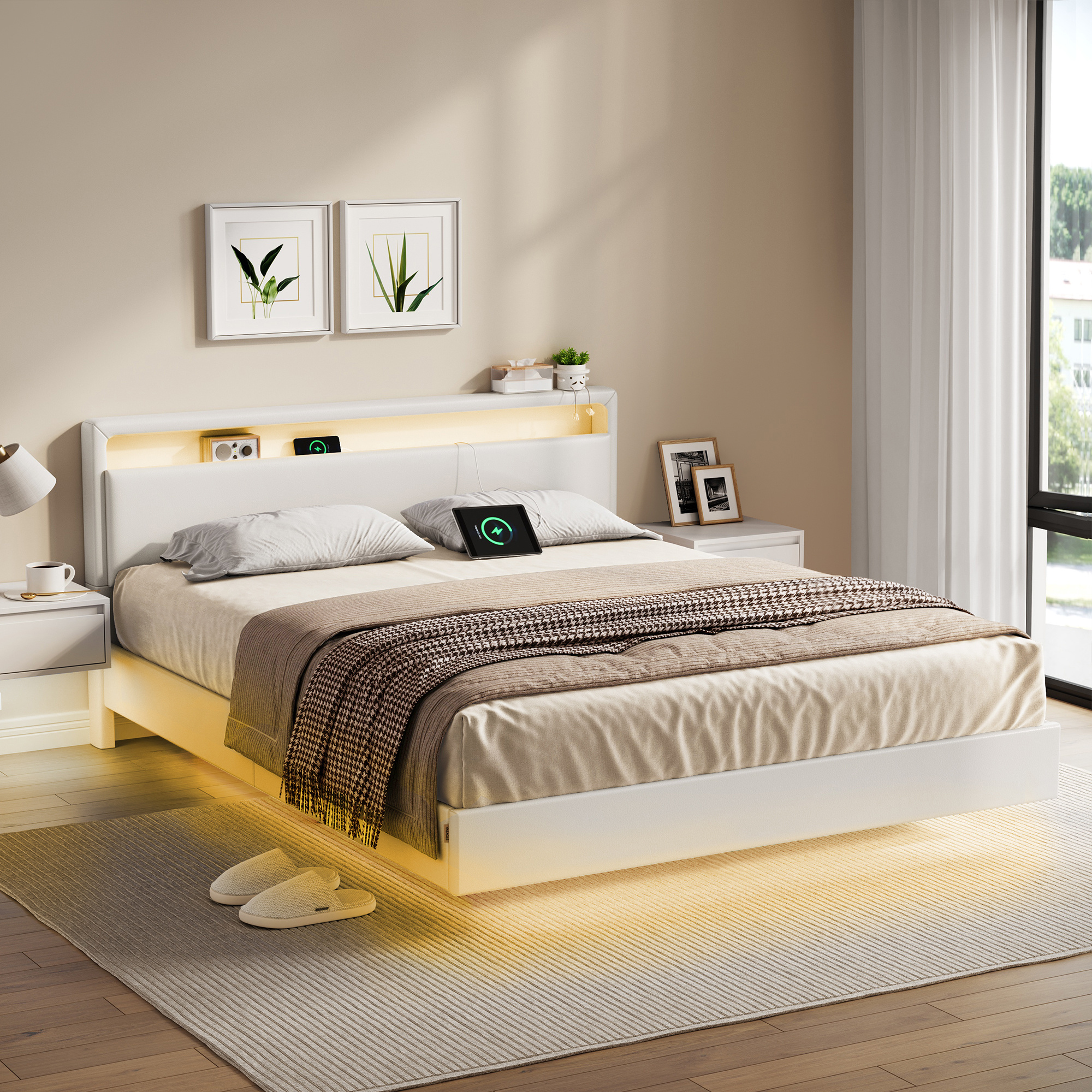 TEMU Lit Double, Cadre de Lit, 160 x 200 cm, Lit Flottant, Lit avec Éclairage LED, Tête de Lit Haute, Multiprise, Style Moderne