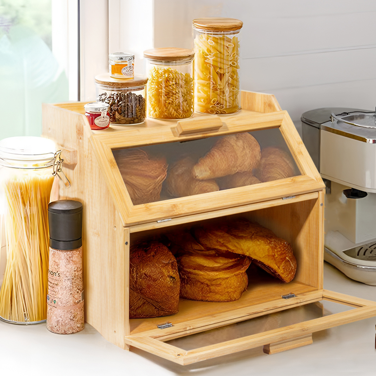 E-shop Bambus Brotkasten mit Belüftung, Großer Brotbox, 2 Etagen und Sichtfenster, Holz Brotbehälter, Brötchen, Brotaufbewahrung Küche