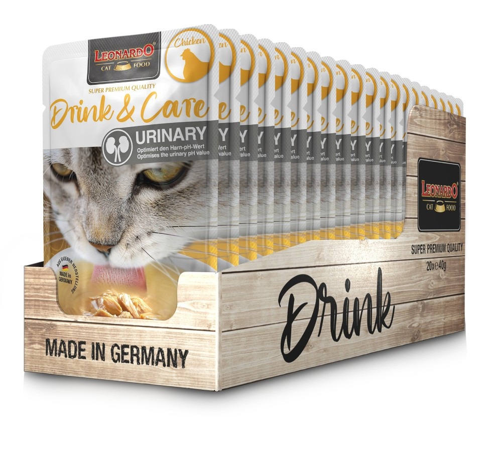 Pack de 20x40g - Sachets de Soupe de Poulet Leonardo Drink & Care pour Chats - Nourriture Complémentaire pour Chats Adultes - Favorise l'Apport de Liquides et la Santé des Voies Urinaires