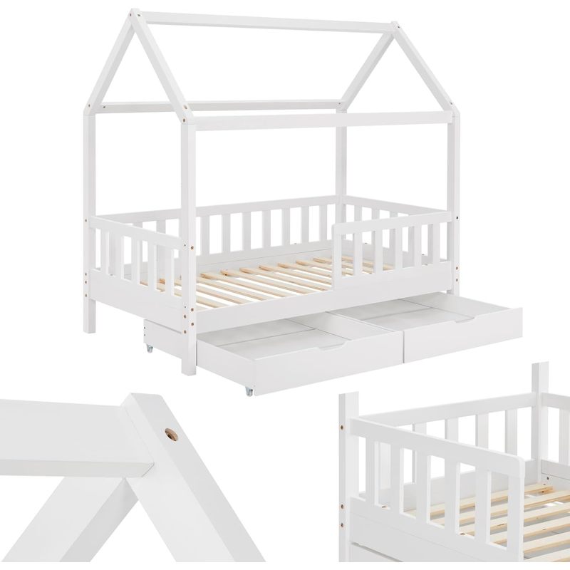 Image of Children's Bed 80 X 160 Cm With 2-part Storage Box, Fall Protection, Slatted Base & Solid Wood Roof, House Bed For Kids In White
