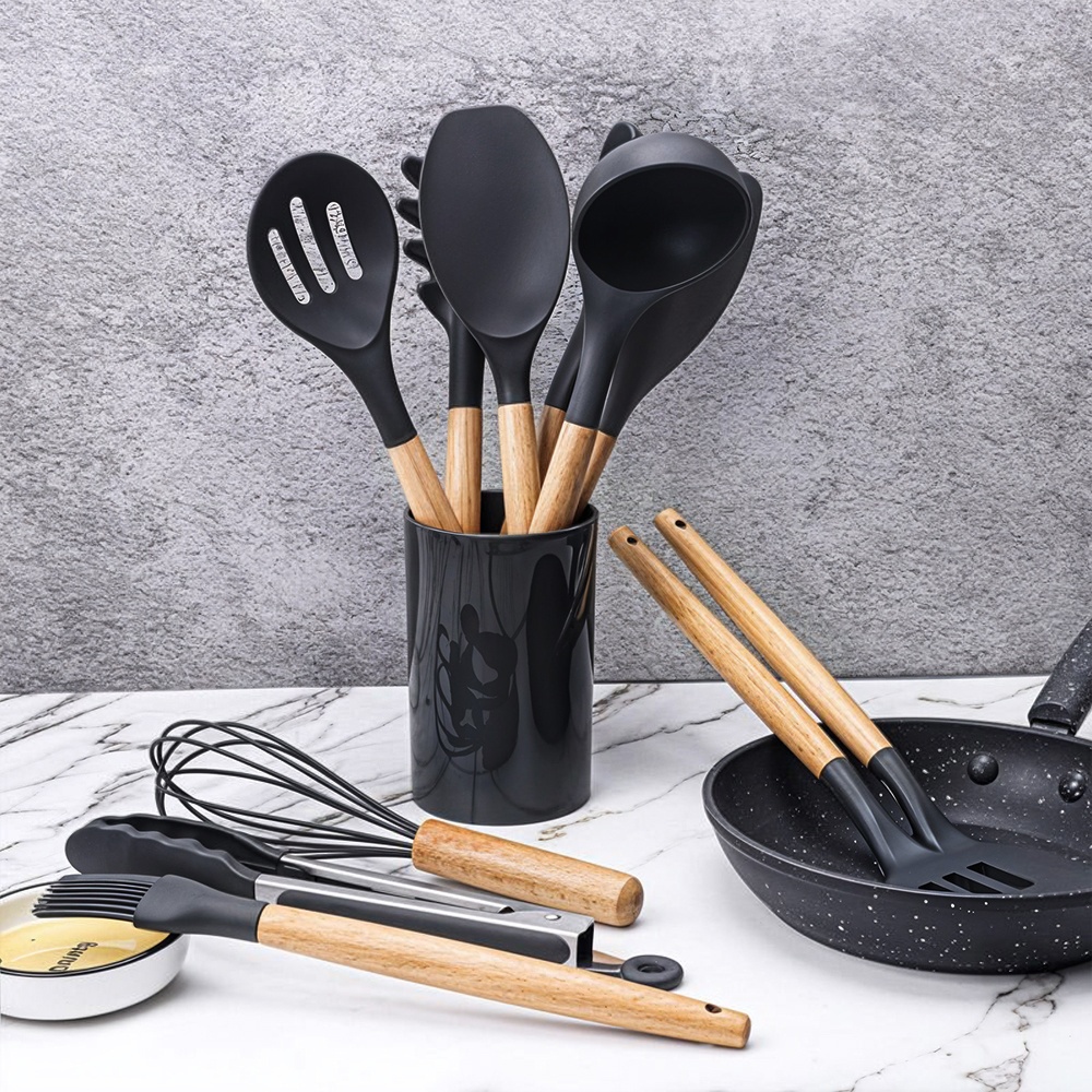 TEMU 11pcs Wooden Handle Silicone Kitchen Utensil Set (with Storage Bucket) Safe Spatula Spoon Cooking Baking Tools Kitchen Cooking Tool Set-