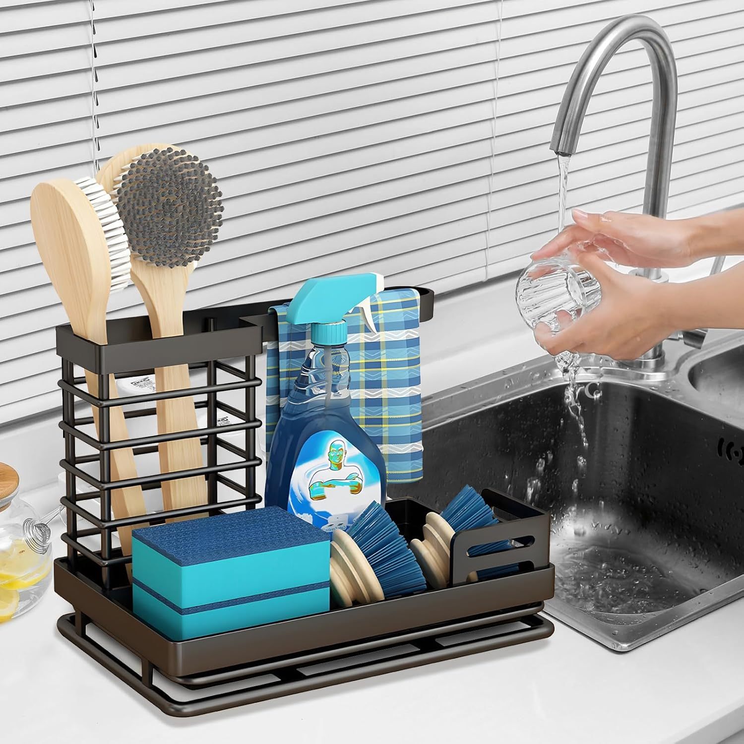 Kitchen Sink Storage Sponge Rack, Stainless Steel Sink Accessory Sponge Rack, Sink Brush Holder With Removable Drain Tray For Sponge Dishwashing Brush Soap Brush Dish Cloths