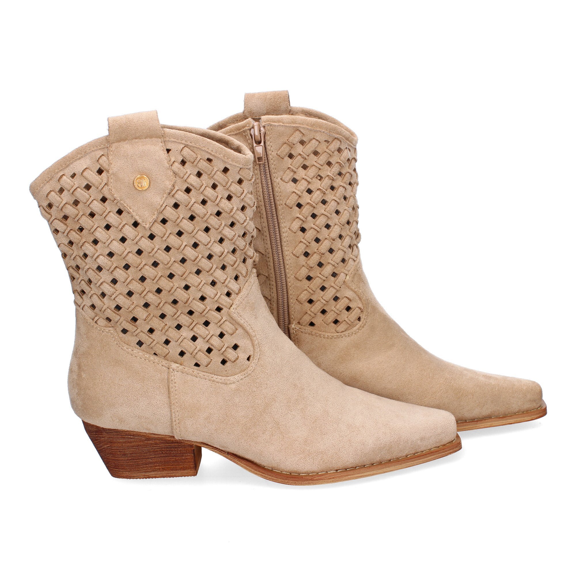 Women's Cowboy Heel Ankle Boots, Braided Design, Comfortable And Elegant, Perforated Shaft, Ideal For Spring-summer With Side Zipper Closure