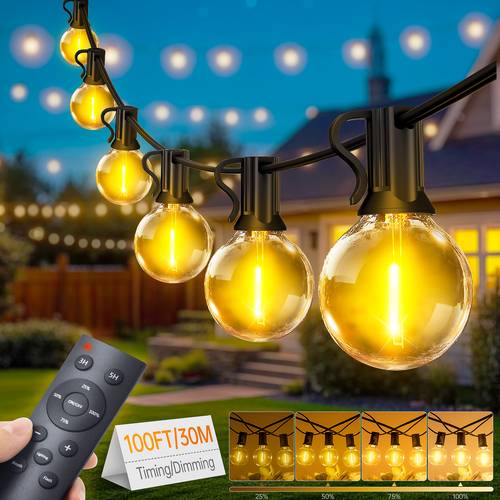 outdoor festoon lights led fairy lights 65ft 100ft 150 garden string light 20 30 45m 2 spare bulbs ip65 waterproofdimmable timer g40 bulbs hanging patio lighting with remote control for balcony garden gazebo patio awning wedding party no button battery included