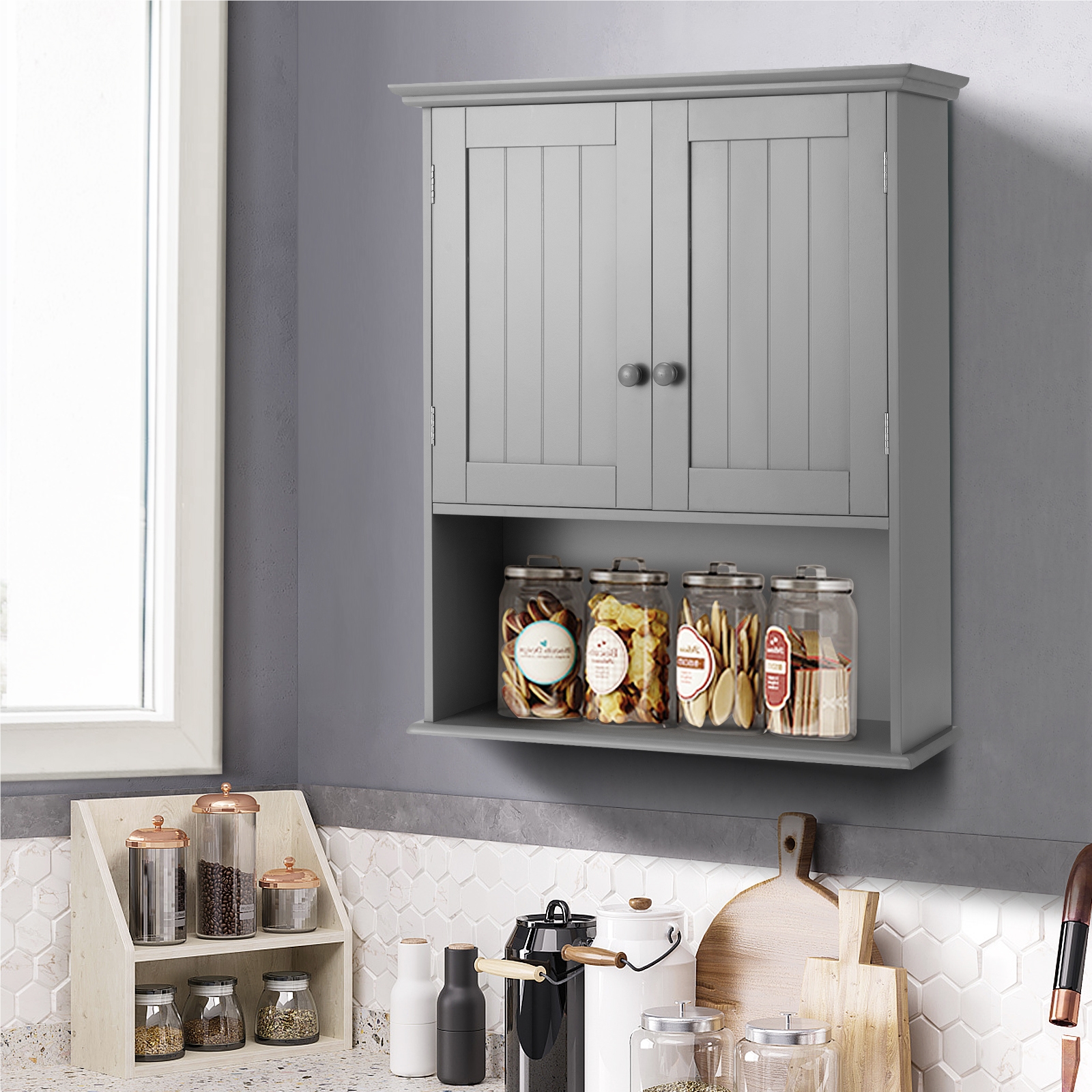 Image of Wall Cabinet, Wall Cabinet With , Bathroom Cabinet Kitchen Cabinet Base Cabinet With Adjustable Shelf, Cabinet For Bathroom Kitchen Entrance Area (grey)