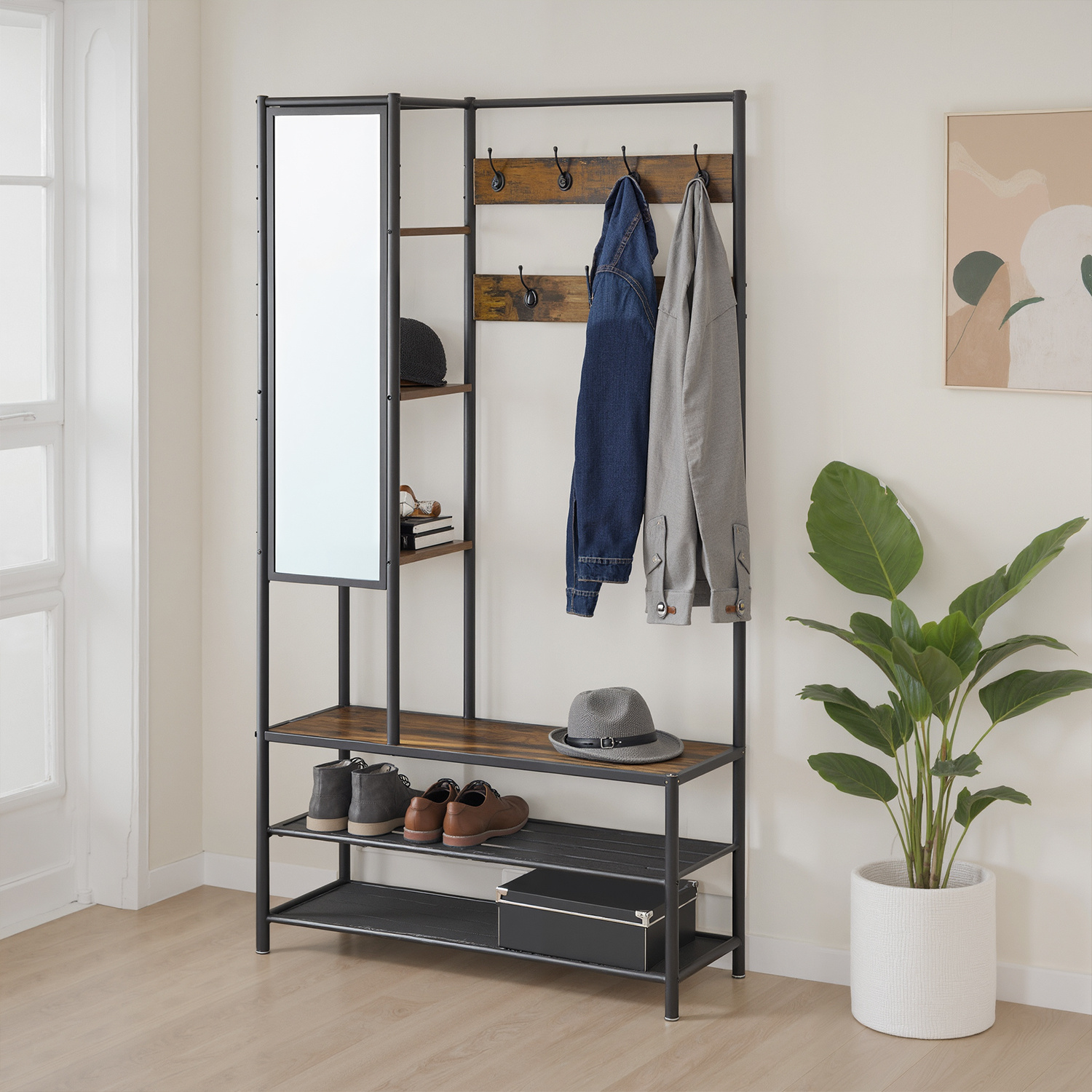 TEMU Stand With Clothes Hooks, Mirror, Shoe Bench, Clothes Rack, Wardrobe, Shoe Rack With Seat, Versatile Coat Rack With Adjustable Shelves And Anti-tip Protection