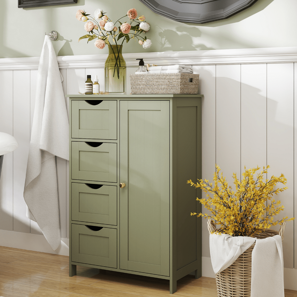 TEMU Bathroom Floor Storage Cabinet, Bathroom Storage Unit With 4 Drawers, Freestanding Bathroom Cabinet With 1 Door, 30 X 55 X 82 Cm