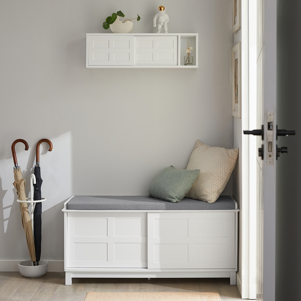 TEMU 1pc Upholstered Bench Shoes - Mobile Shoes Entrance With 2 Sliding Doors, Hidden Rest And Shoe Cabinet - Comfortable Wooden Banquette, 114x40x53