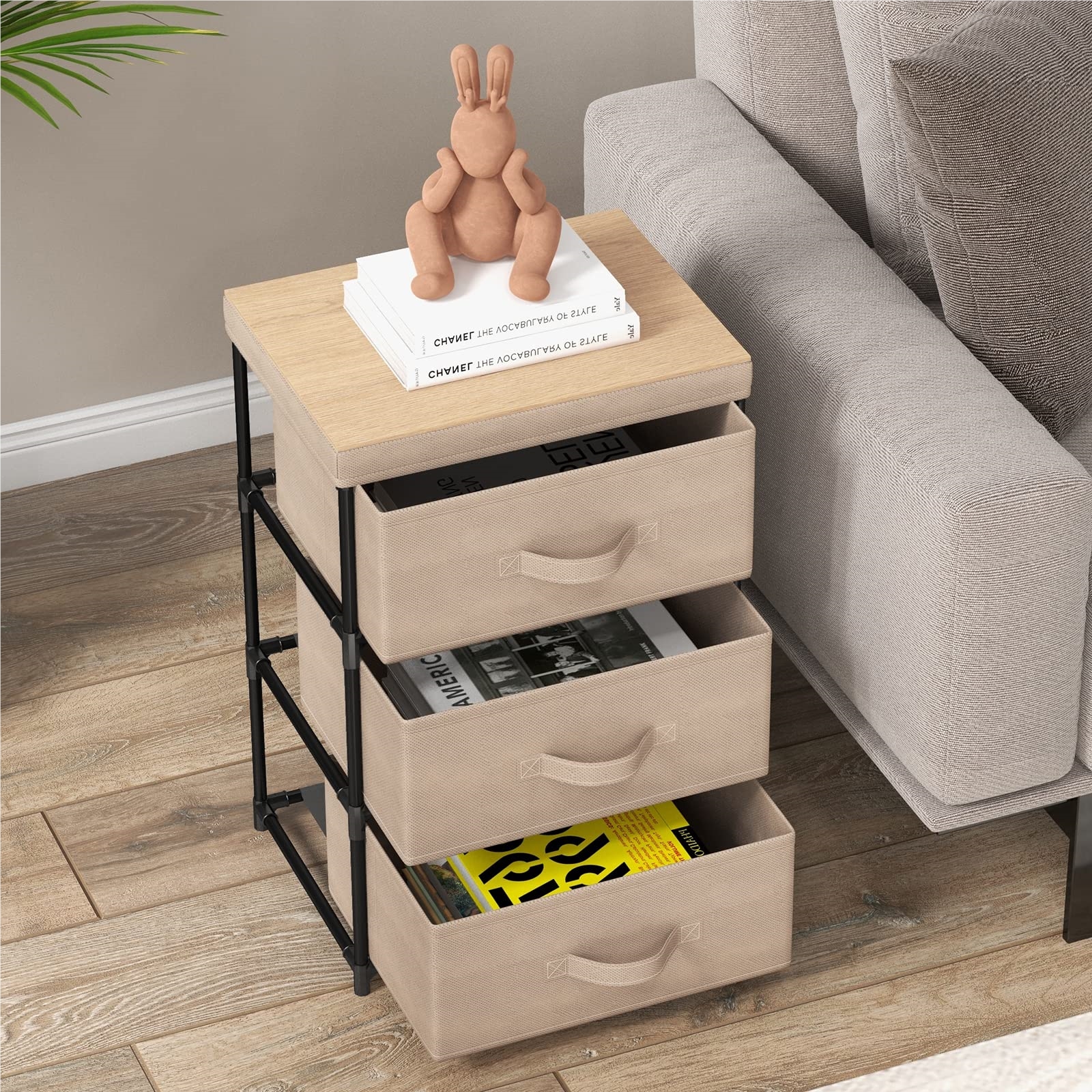 Image of Bedside Table With Fabric Drawers, Side Table With Metal Frame, Storage Cabinet Fabric Chest Of Drawers For Bedroom, Living Room, Hallway (brown, 3 Drawers)