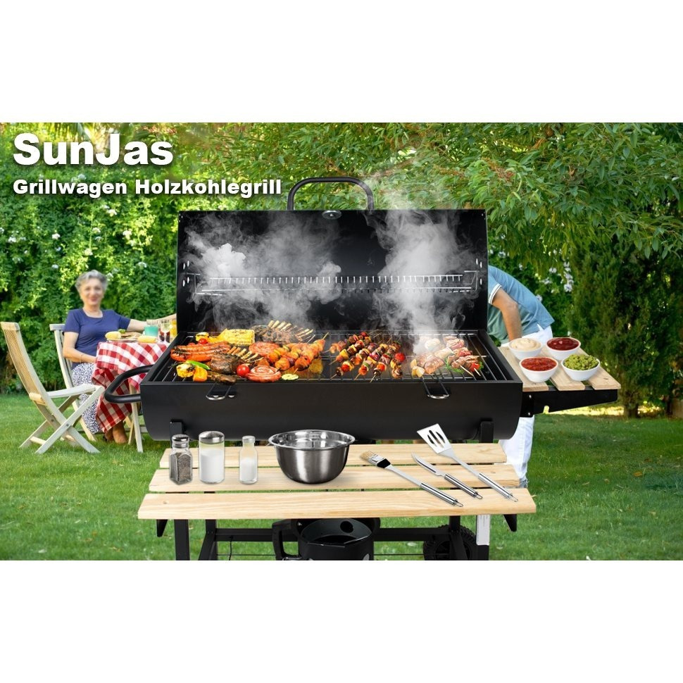 Image of Grill Trolley Charcoal Grill, Bbq Grill With Wheels, Stand Grill, Grill Chimney . Integrated Thermometer And Ventilation Slider, , Grill Surface: 70x38.5 Cm