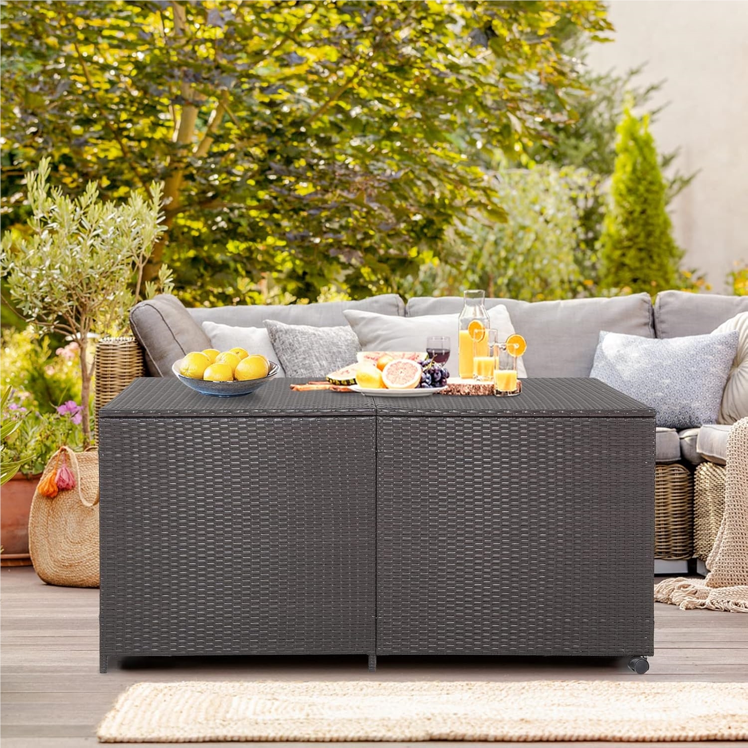 Garden Box With 662 L Capacity, Rattan Storage Box With Zipper & 2 Universal Wheels, Cushion Box Garden Cabinet Garden Chest Weatherproof For Garden, Backyard