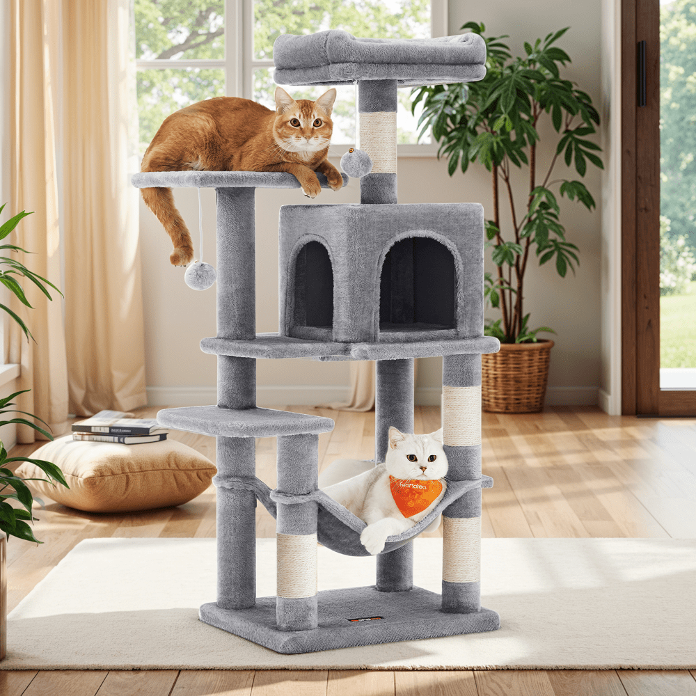 E-shop Kratzbaum, mehrstöckiger Katzenbaum mit Höhle, Hängematte und 4 Kratzstämmen, beige