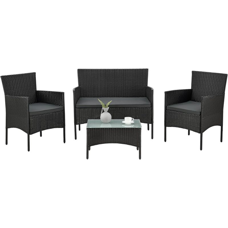 E-shop Polyrattan Sitzgruppe 4 Personen mit 2er Sofa, 2 Stühle, Tisch & Sitzkissen wetterfest schwarz/grau creme Balkonmöbel Gartenmöbel Set