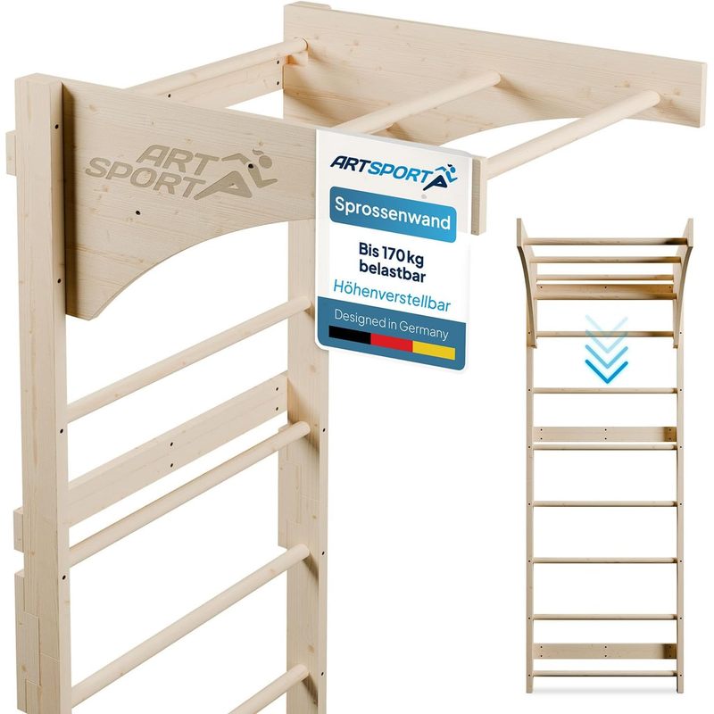 E-shop Sprossenwand für Erwachsene Indoor Klettergerüst aus Holz Klimmzugstange & Krafttraining Befestigung an Wand Kletterwand Natur