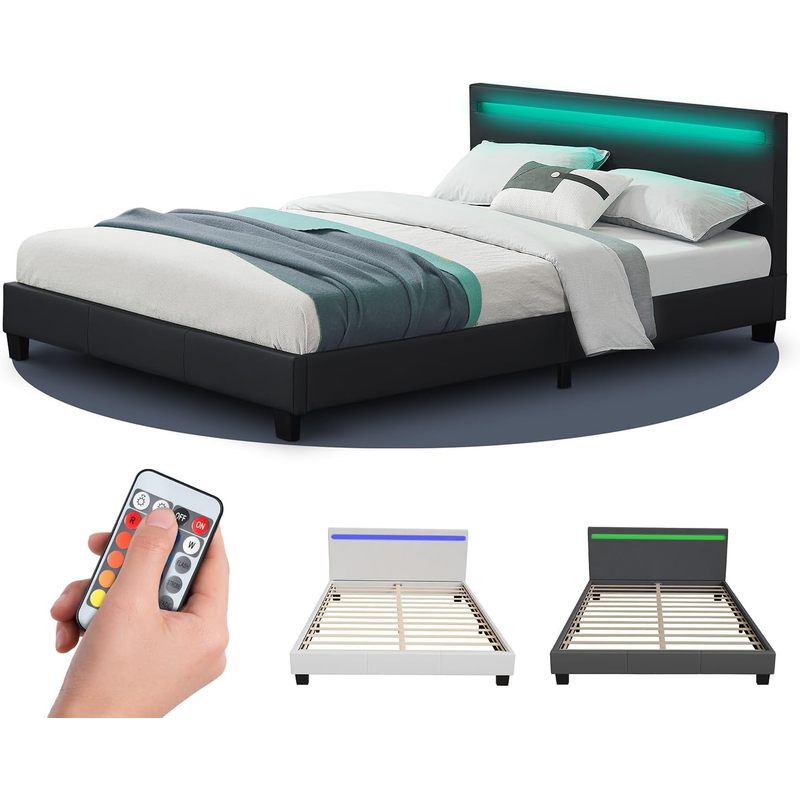 E-shop Polsterbett Paris 140x200 cm mit LED Beleuchtung, Lattenrost & Kopfteil Kunstleder & Holz grau Bett Jugendbett Bettgestell
