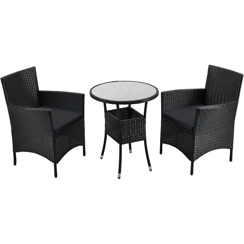 E-shop Polyrattan Balkon Set Bayamo 2 Personen Tisch mit Glasplatte & 2 Stühlen Wetterfeste Balkonmöbel Auflagen waschbar schwarz grau