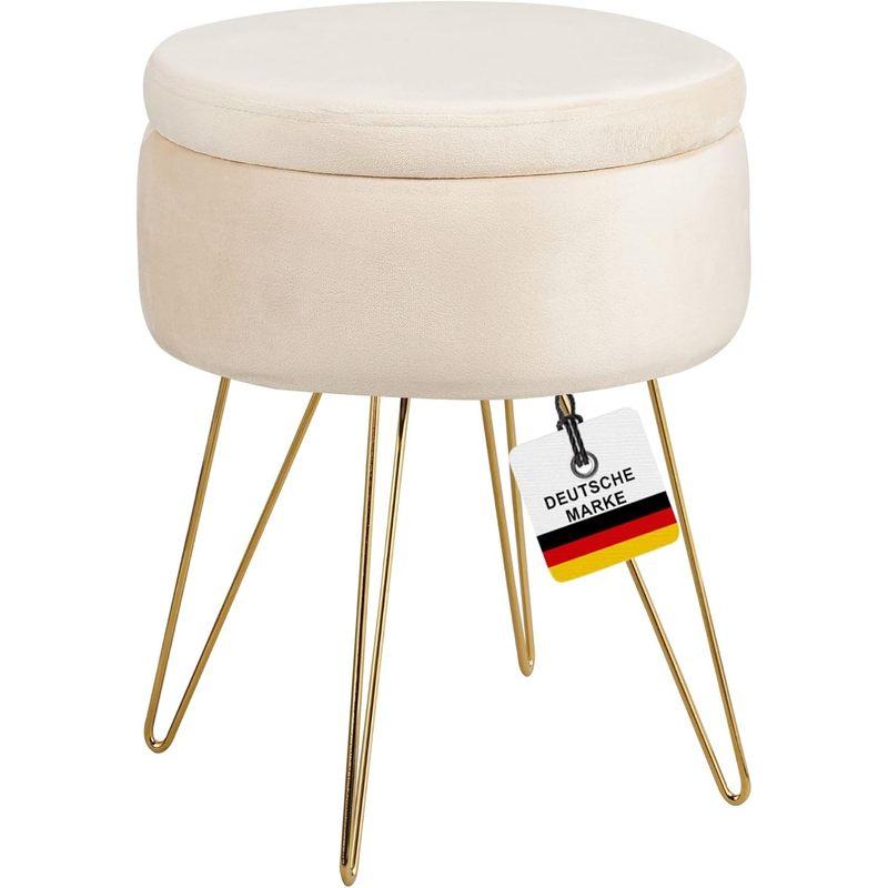 Cannes Stool With Storage | Modern Stool With Elegant Velvet Cover | Ottoman Or Bench With Storage | Ideal As A Footstool Or Vanity Stool | Beige